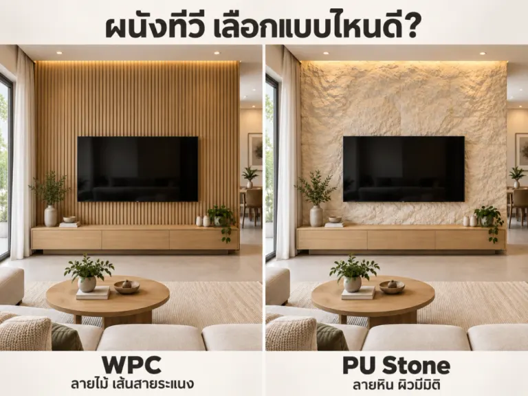 ทำผนังทีวี เลือก WPC หรือ PU Stone ดี? เทียบวัสดุและรายละเอียดหน้างาน