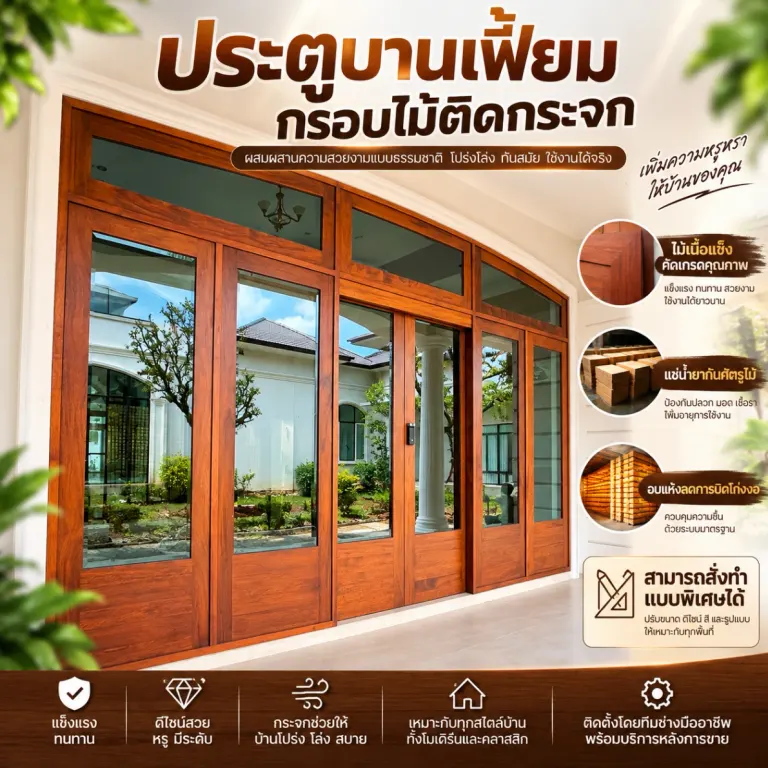 ประตูบานเฟี้ยมกรอบไม้ติดกระจก